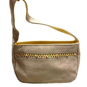 XOXO New York Vintage Y2K Mini Linen Blend Purse; Tan w/ Floral Trim; Yellow Int